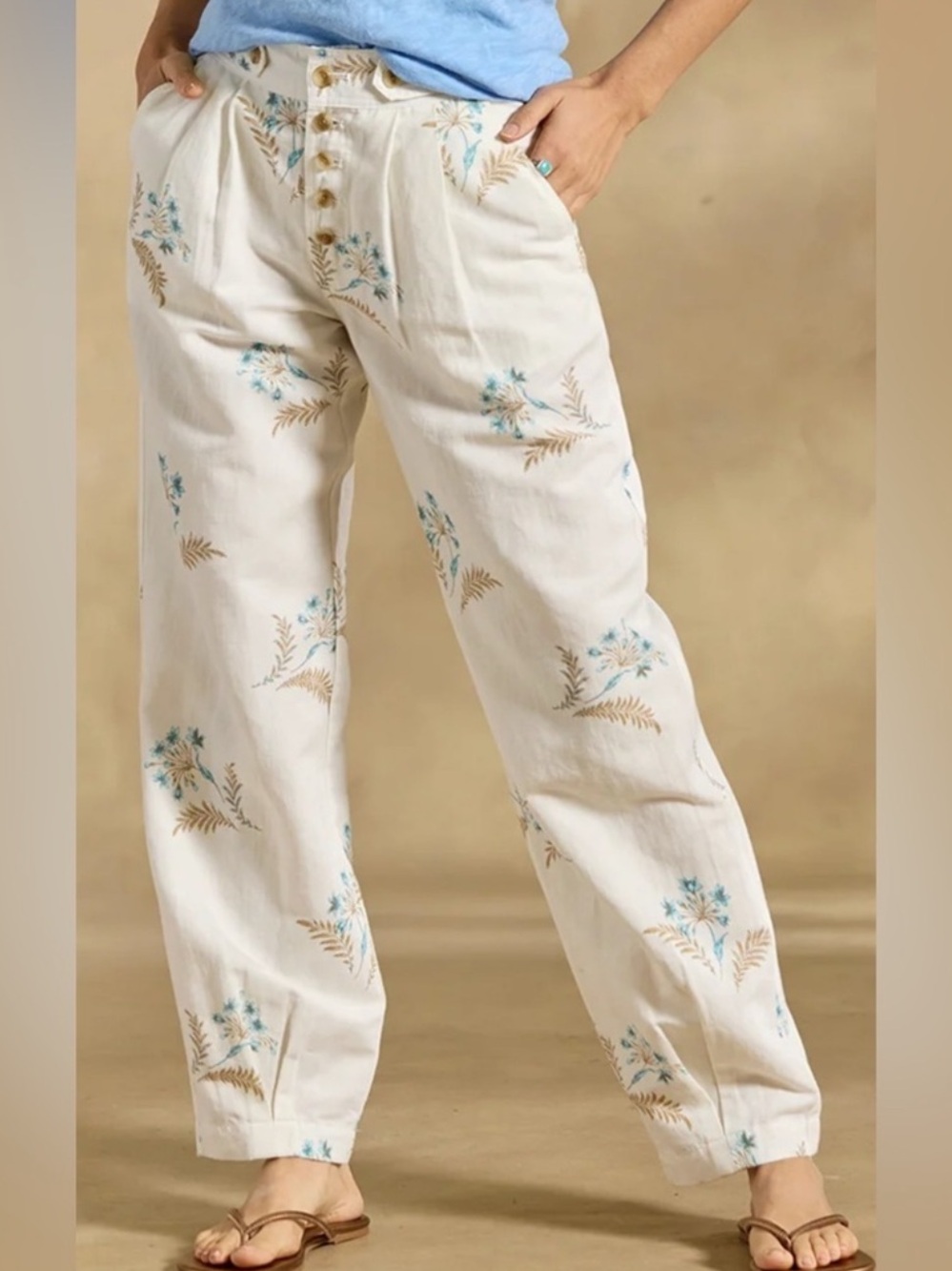 Sundance Linen Cotton Boho Benicia White Floral Pleated Pants Size 2
